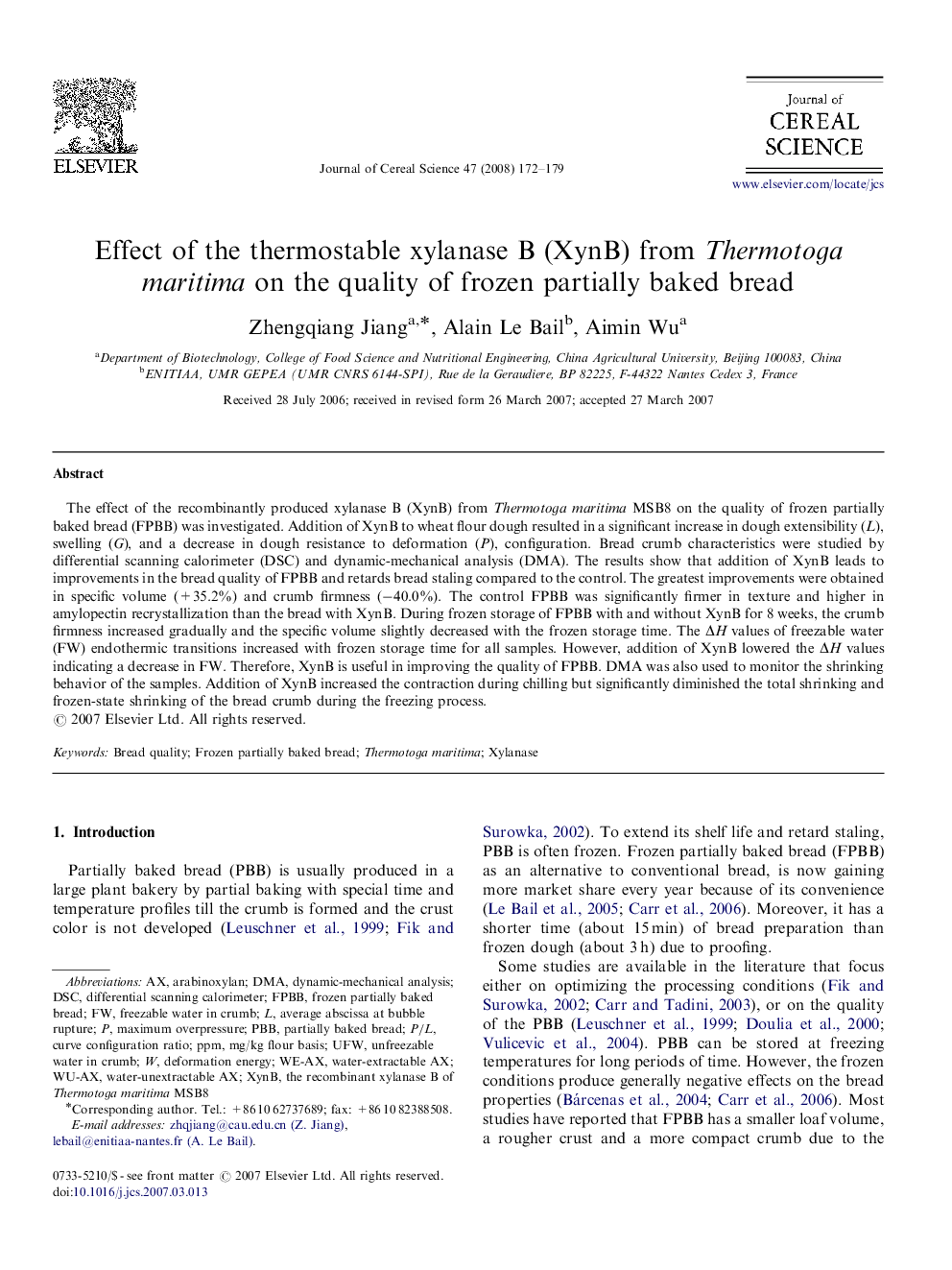 Effect of the thermostable xylanase B (XynB) from Thermotoga maritima on the quality of frozen partially baked bread