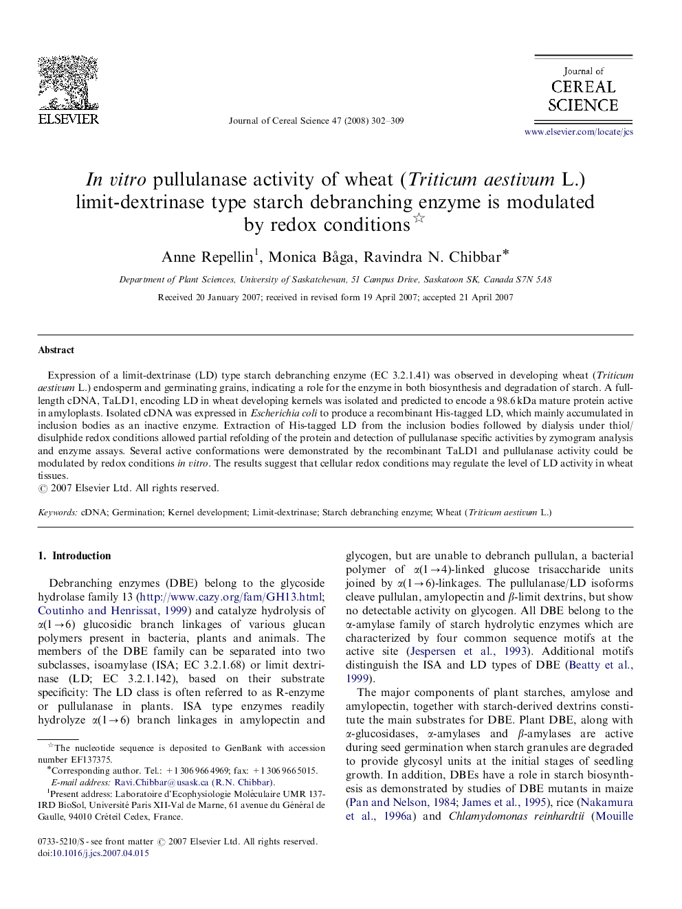 In vitro pullulanase activity of wheat (Triticum aestivum L.) limit-dextrinase type starch debranching enzyme is modulated by redox conditions 