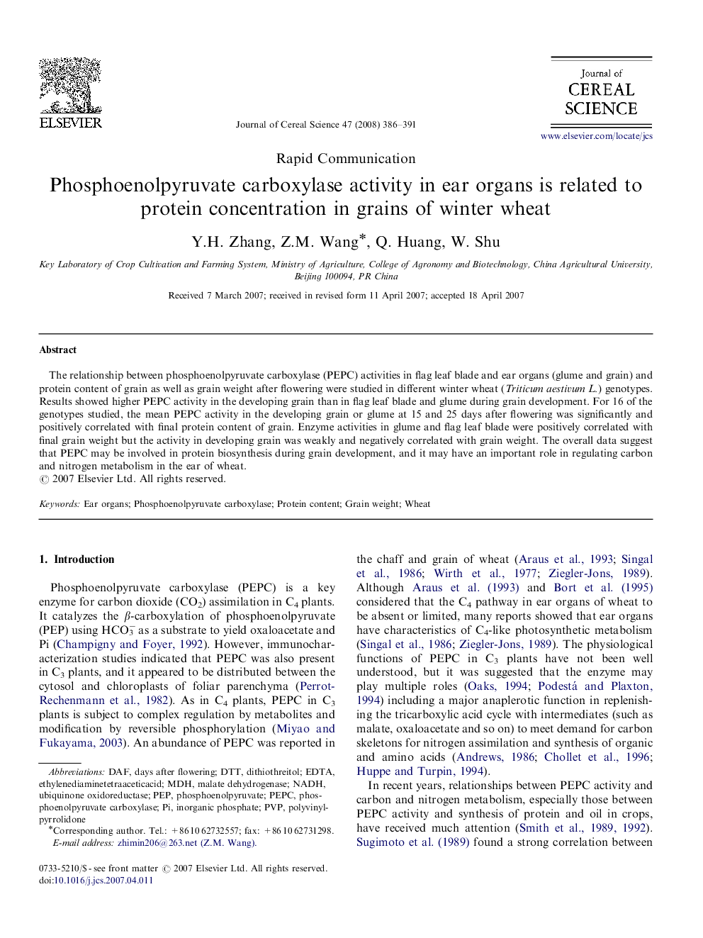 Phosphoenolpyruvate carboxylase activity in ear organs is related to protein concentration in grains of winter wheat