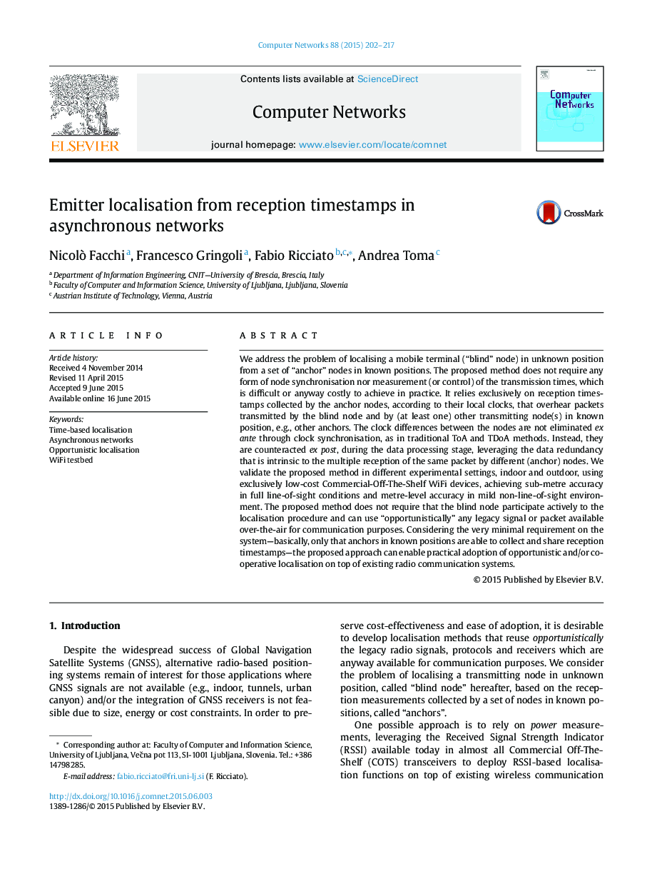 Emitter localisation from reception timestamps in asynchronous networks