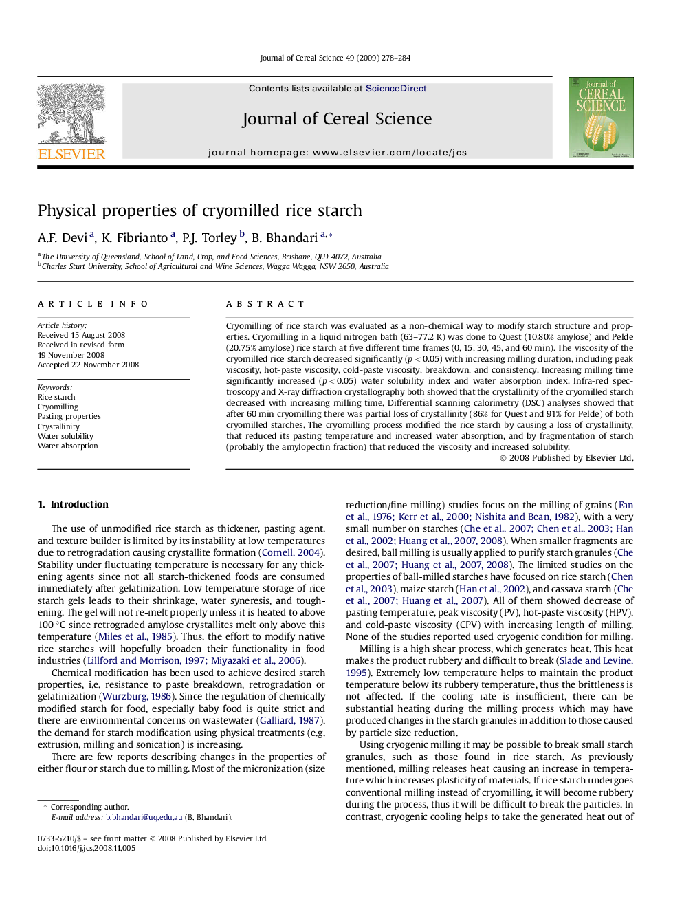 Physical properties of cryomilled rice starch