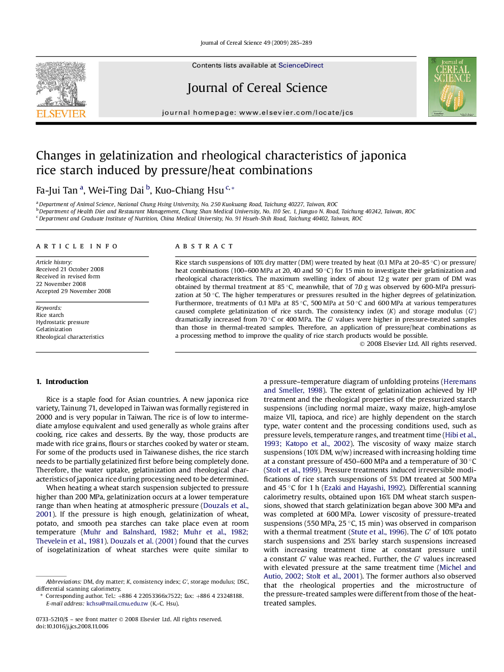 Changes in gelatinization and rheological characteristics of japonica rice starch induced by pressure/heat combinations