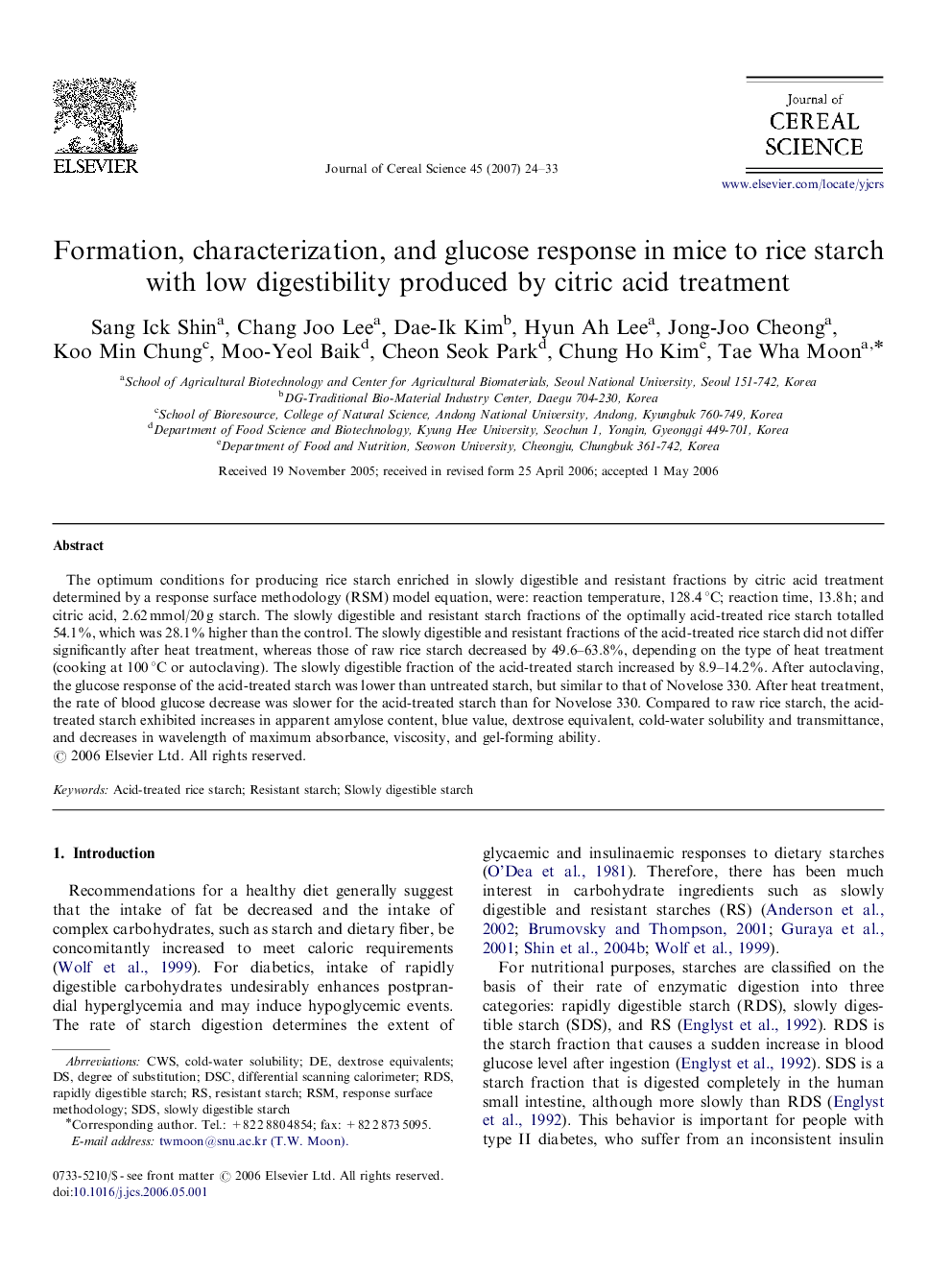 Formation, characterization, and glucose response in mice to rice starch with low digestibility produced by citric acid treatment