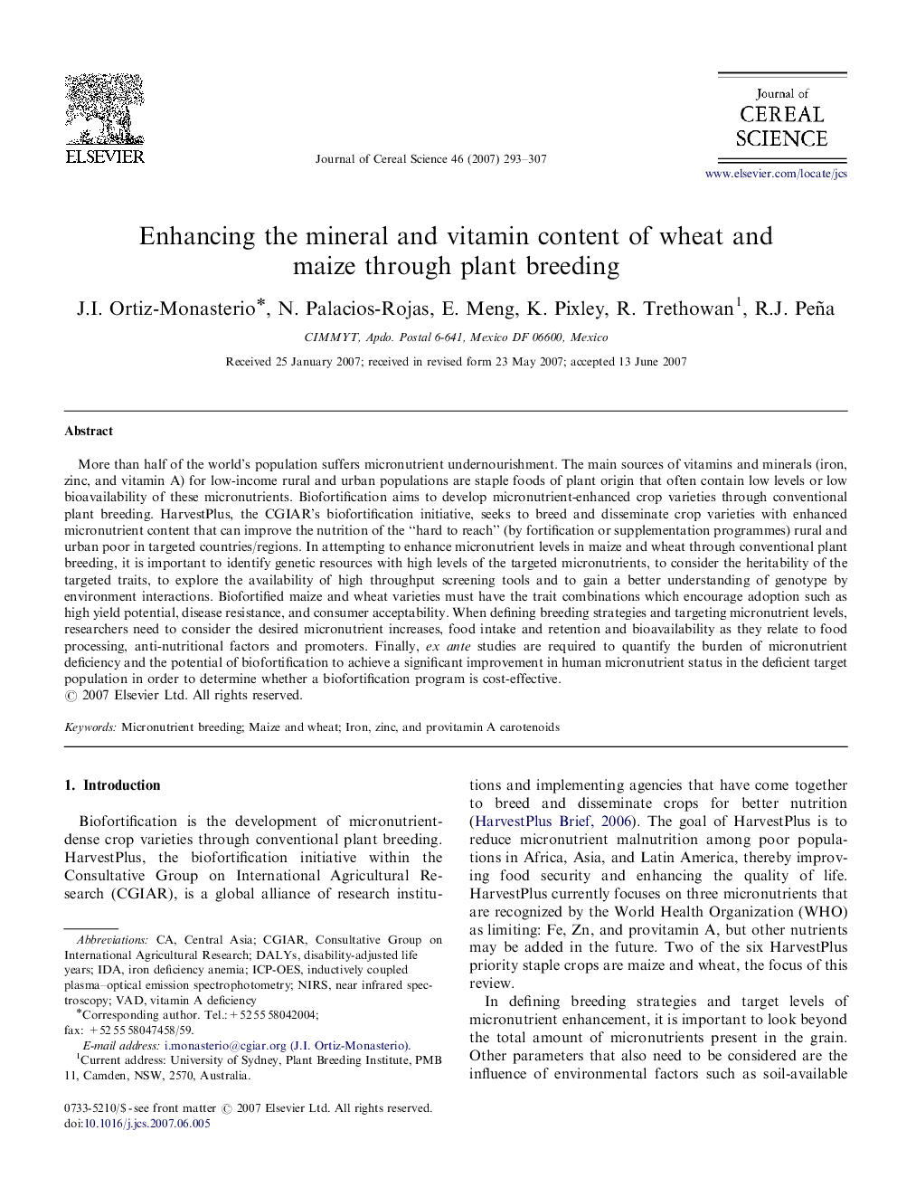 Enhancing the mineral and vitamin content of wheat and maize through plant breeding