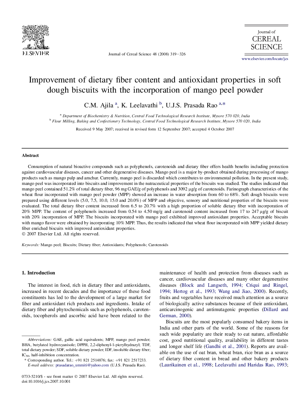 Improvement of dietary fiber content and antioxidant properties in soft dough biscuits with the incorporation of mango peel powder