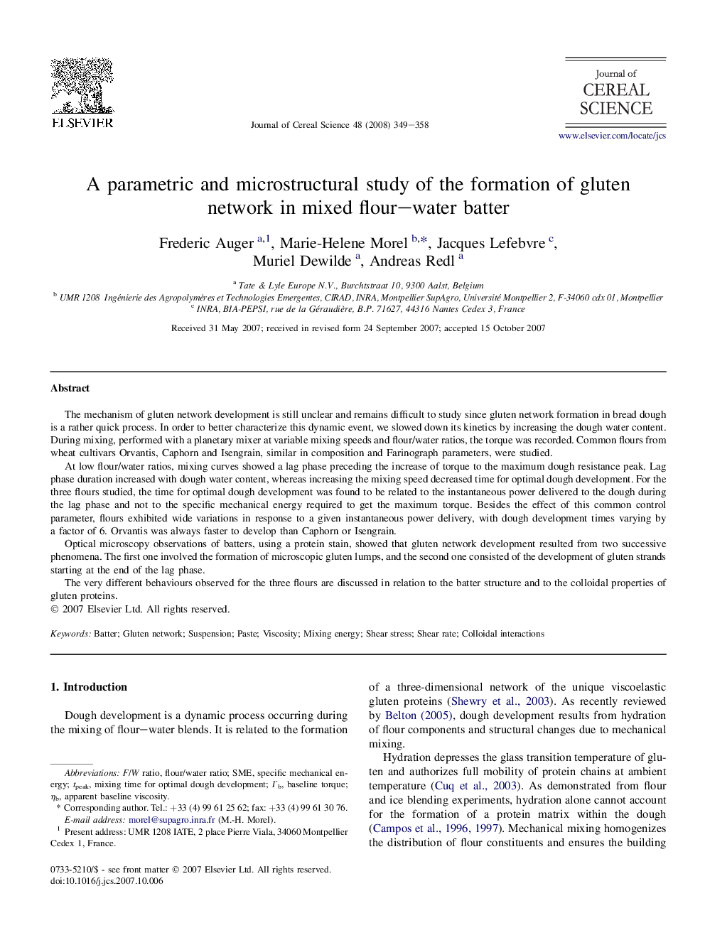 A parametric and microstructural study of the formation of gluten network in mixed flour–water batter