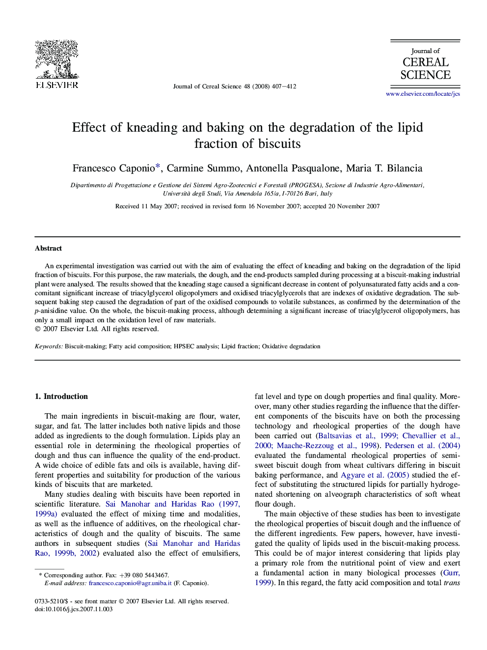 Effect of kneading and baking on the degradation of the lipid fraction of biscuits