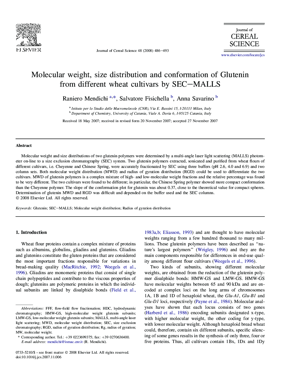 Molecular weight, size distribution and conformation of Glutenin from different wheat cultivars by SEC–MALLS