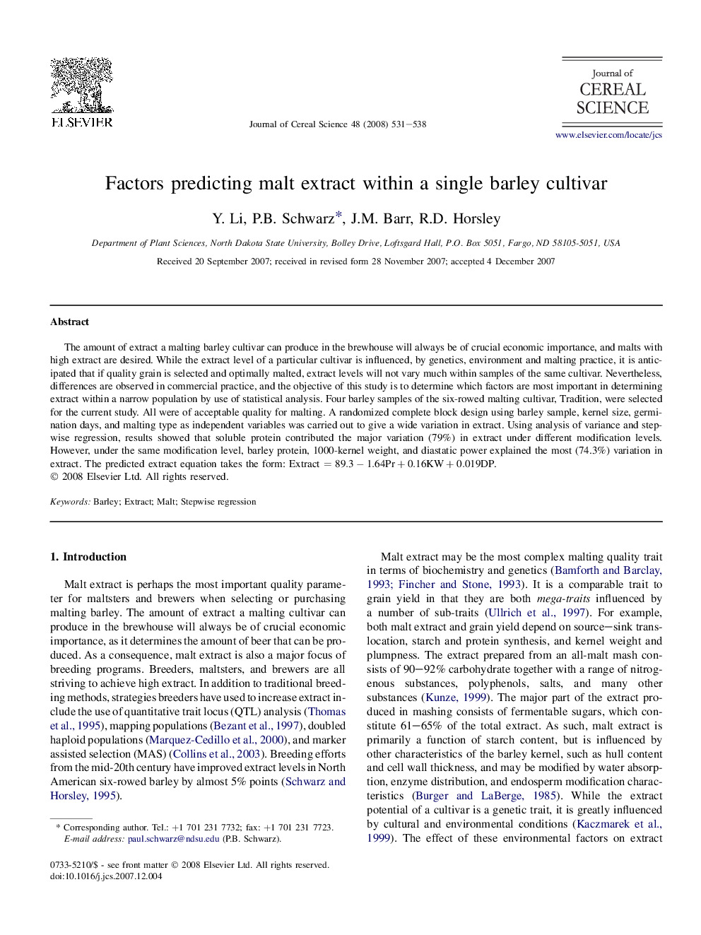 Factors predicting malt extract within a single barley cultivar