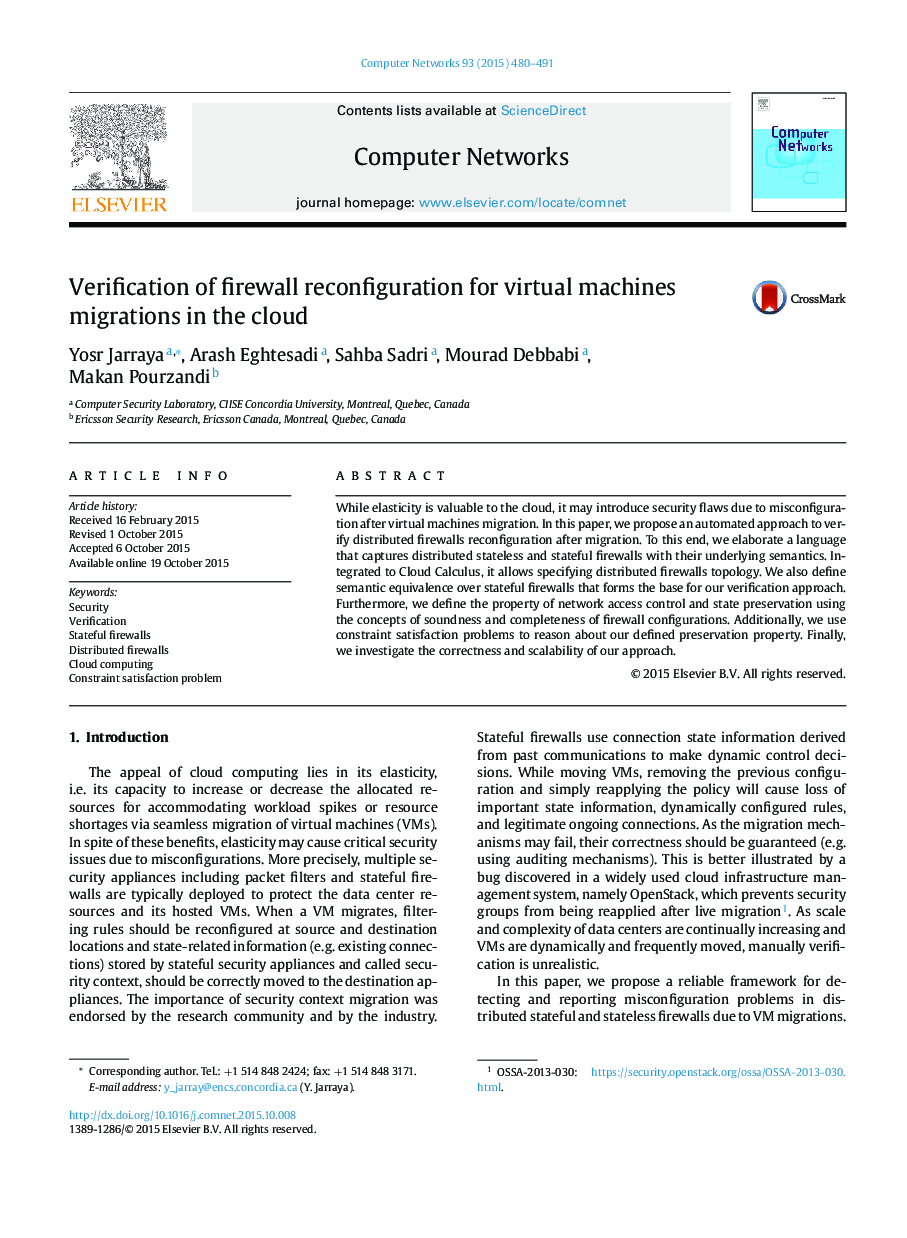 Verification of firewall reconfiguration for virtual machines migrations in the cloud