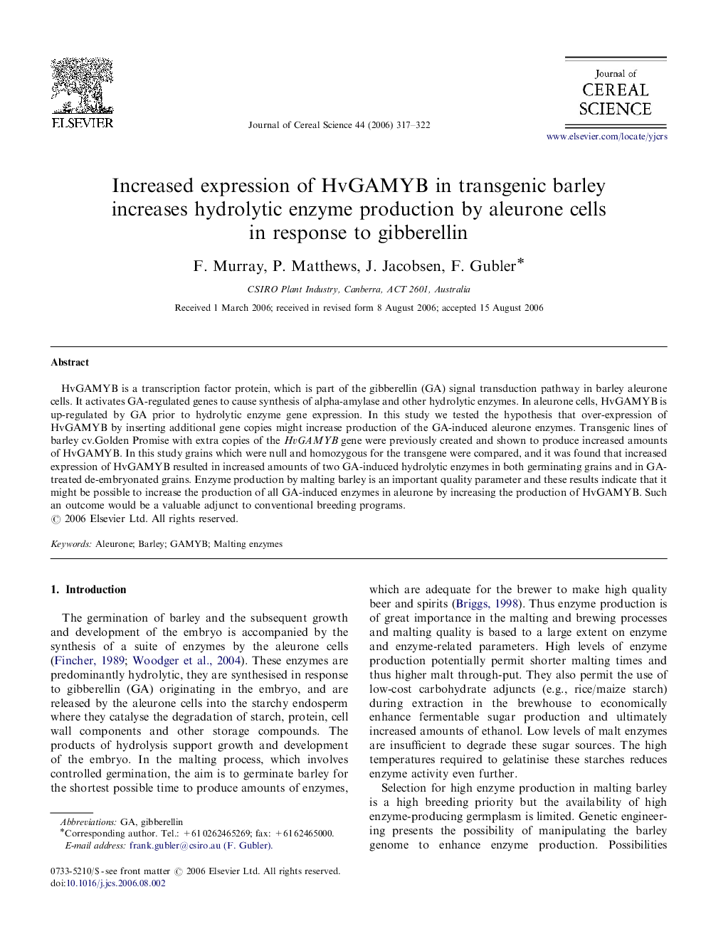 Increased expression of HvGAMYB in transgenic barley increases hydrolytic enzyme production by aleurone cells in response to gibberellin