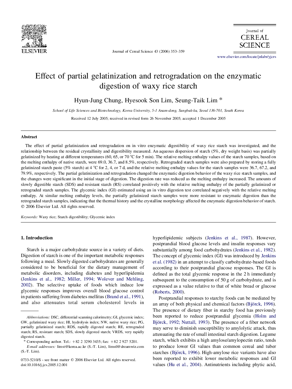 Effect of partial gelatinization and retrogradation on the enzymatic digestion of waxy rice starch