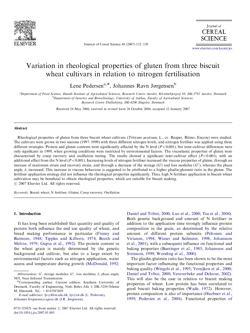 Variation in rheological properties of gluten from three biscuit wheat cultivars in relation to nitrogen fertilisation