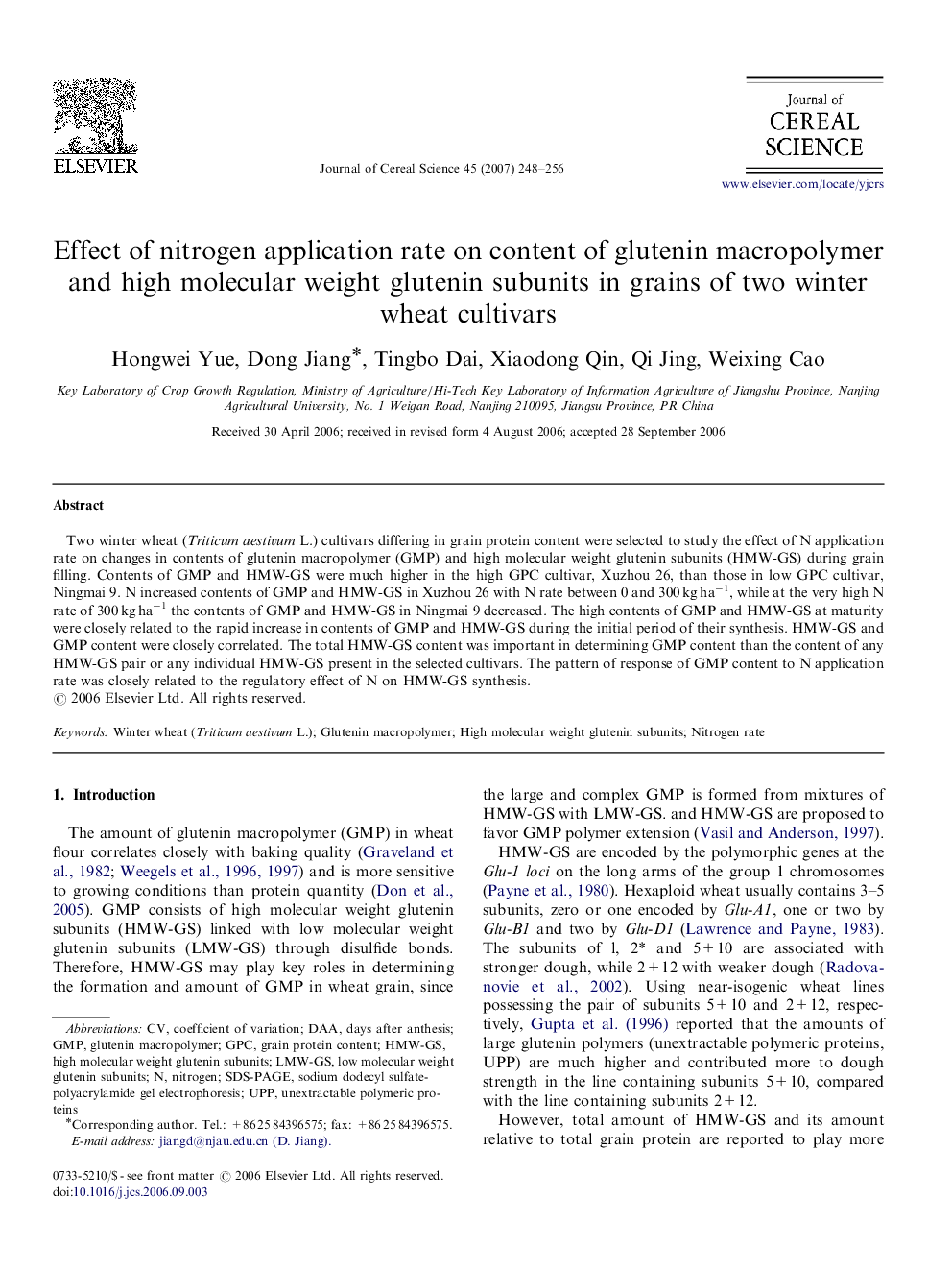 Effect of nitrogen application rate on content of glutenin macropolymer and high molecular weight glutenin subunits in grains of two winter wheat cultivars