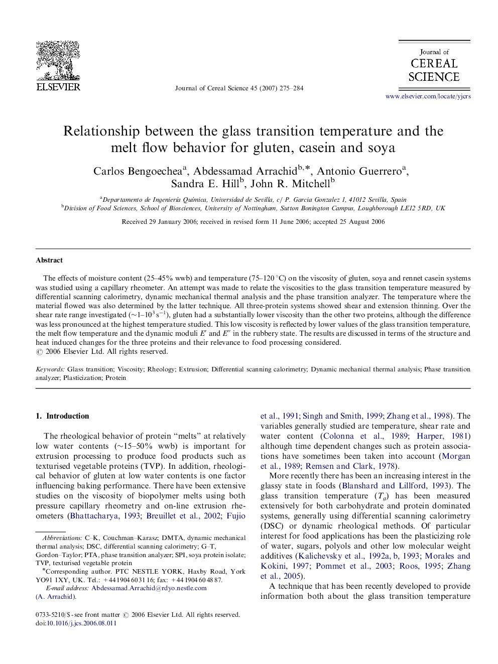 Relationship between the glass transition temperature and the melt flow behavior for gluten, casein and soya