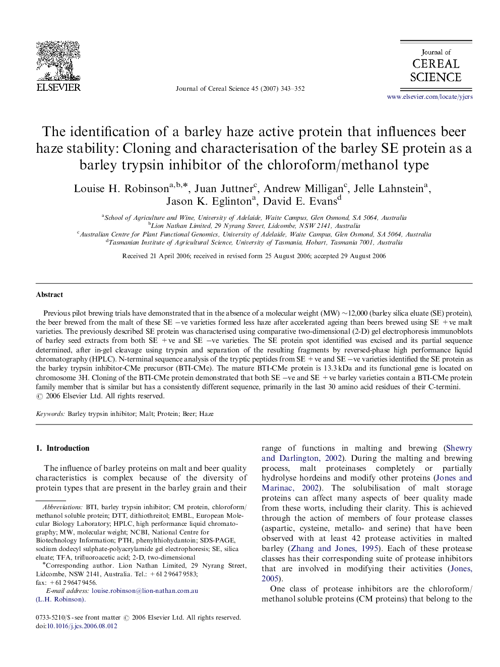 The identification of a barley haze active protein that influences beer haze stability: Cloning and characterisation of the barley SE protein as a barley trypsin inhibitor of the chloroform/methanol type