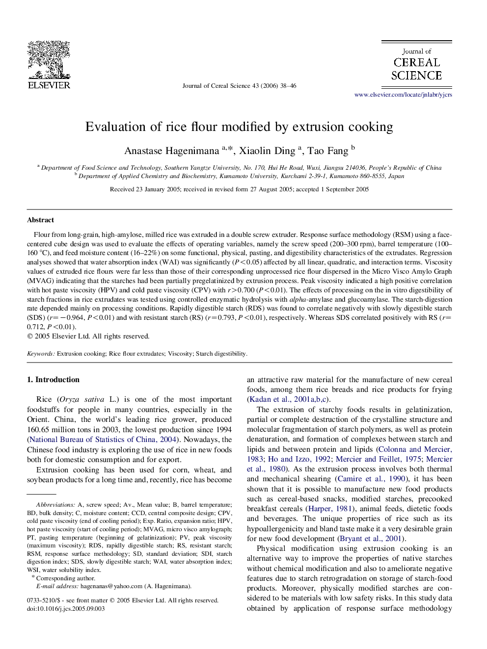 Evaluation of rice flour modified by extrusion cooking