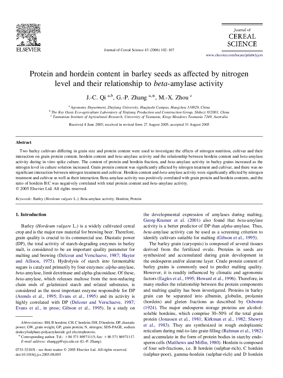 Protein and hordein content in barley seeds as affected by nitrogen level and their relationship to beta-amylase activity