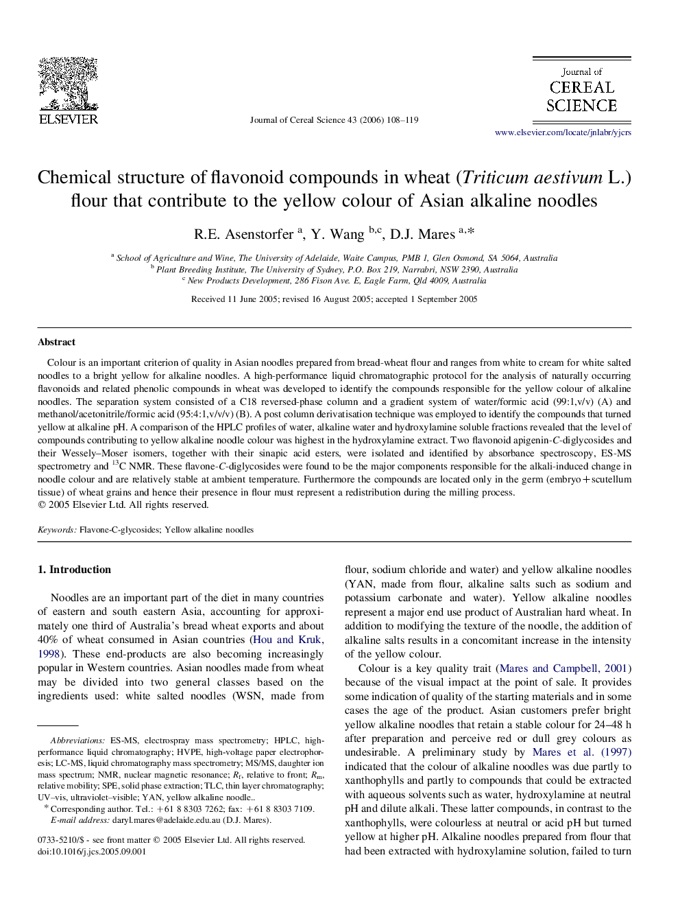 Chemical structure of flavonoid compounds in wheat (Triticum aestivum L.) flour that contribute to the yellow colour of Asian alkaline noodles