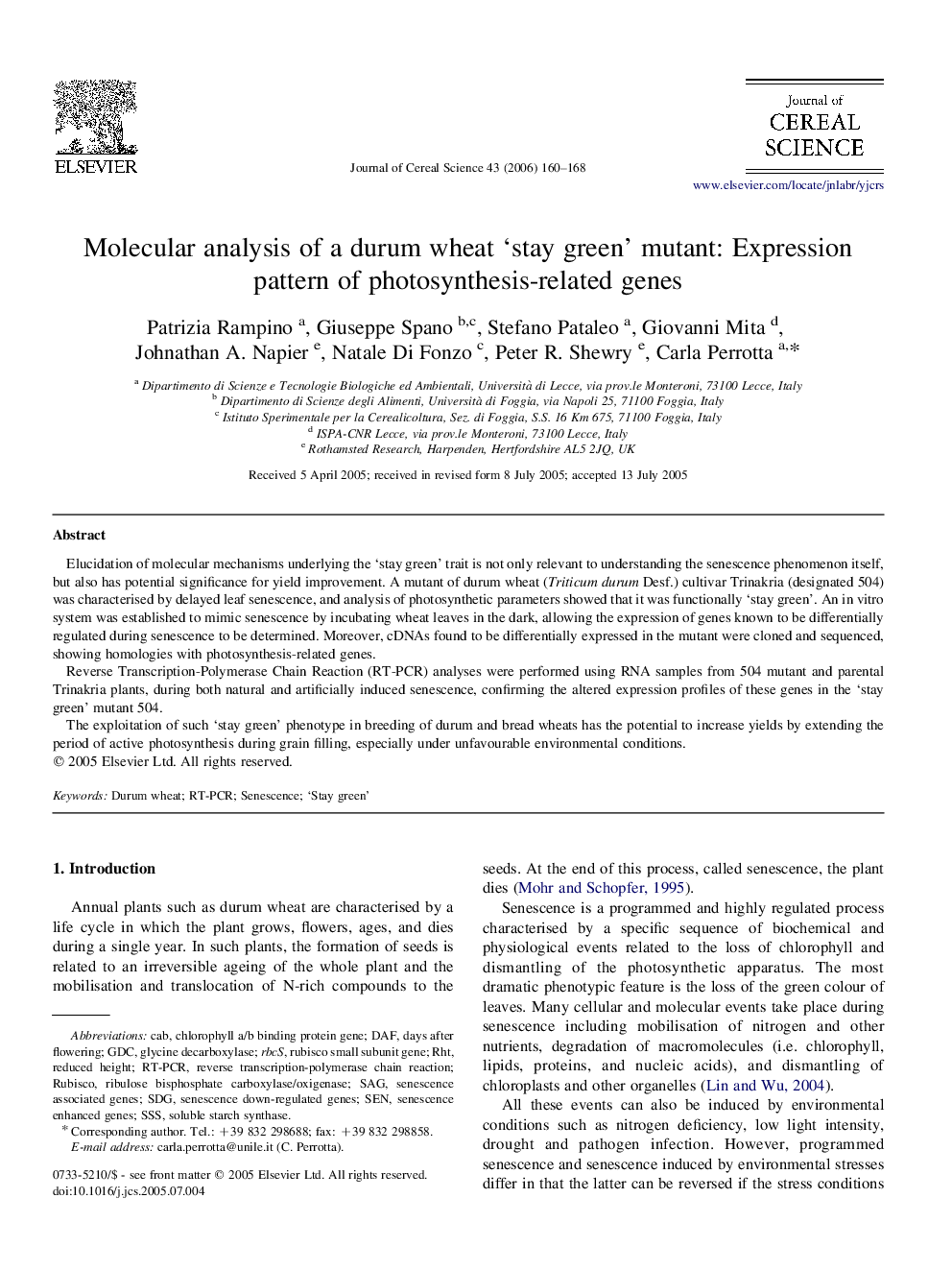 Molecular analysis of a durum wheat ‘stay green’ mutant: Expression pattern of photosynthesis-related genes