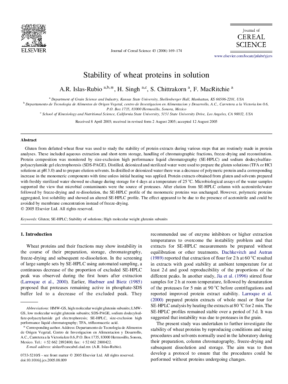 Stability of wheat proteins in solution