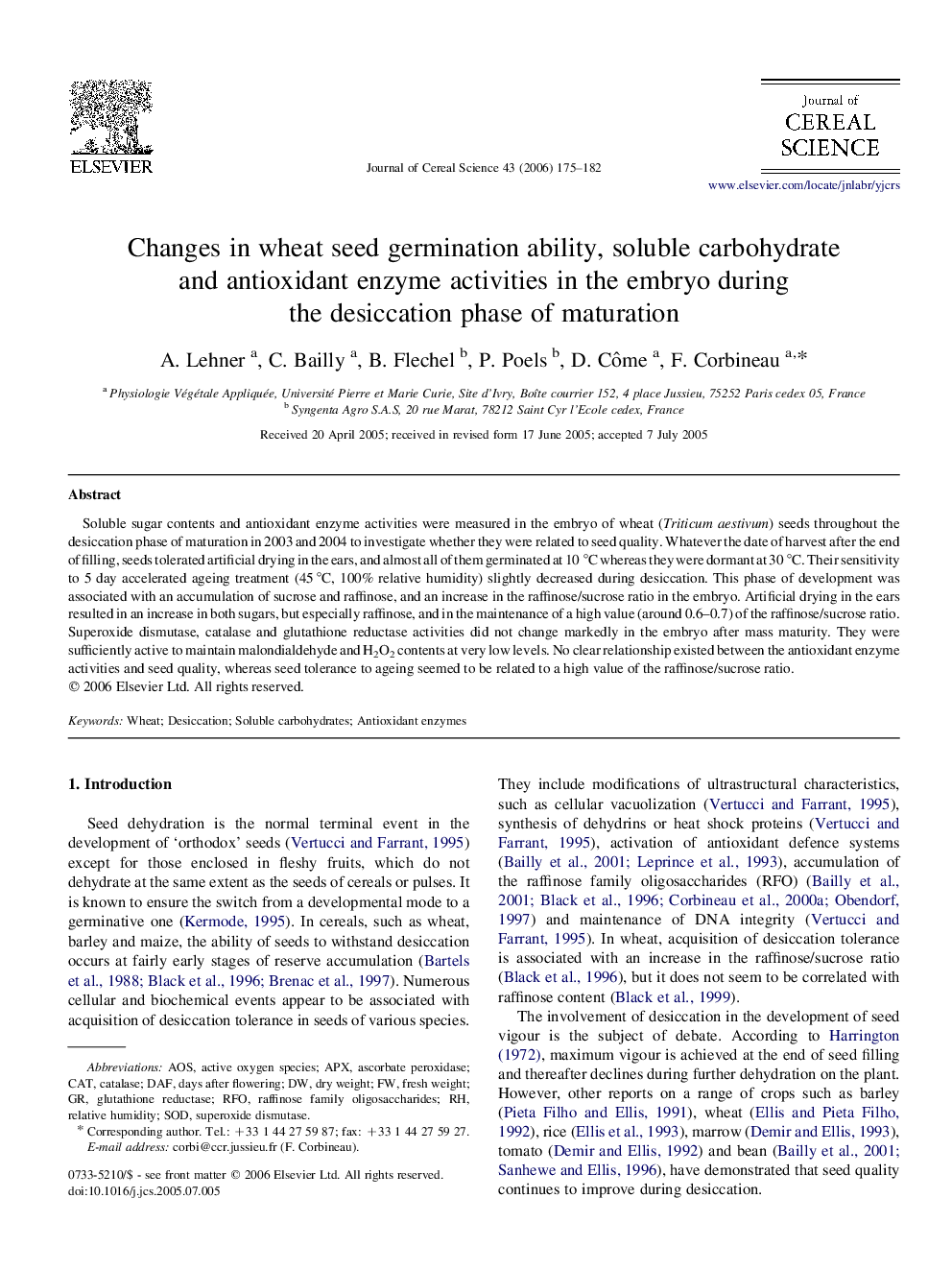 Changes in wheat seed germination ability, soluble carbohydrate and antioxidant enzyme activities in the embryo during the desiccation phase of maturation