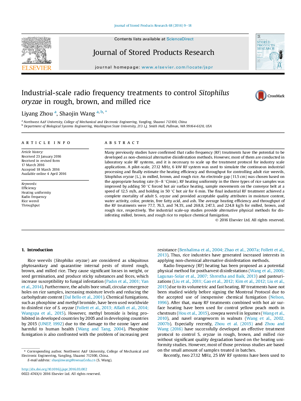 Industrial-scale radio frequency treatments to control Sitophilus oryzae in rough, brown, and milled rice