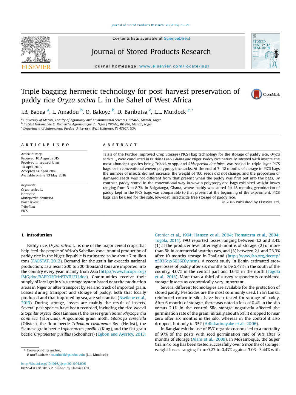 Triple bagging hermetic technology for post-harvest preservation of paddy rice Oryza sativa L. in the Sahel of West Africa