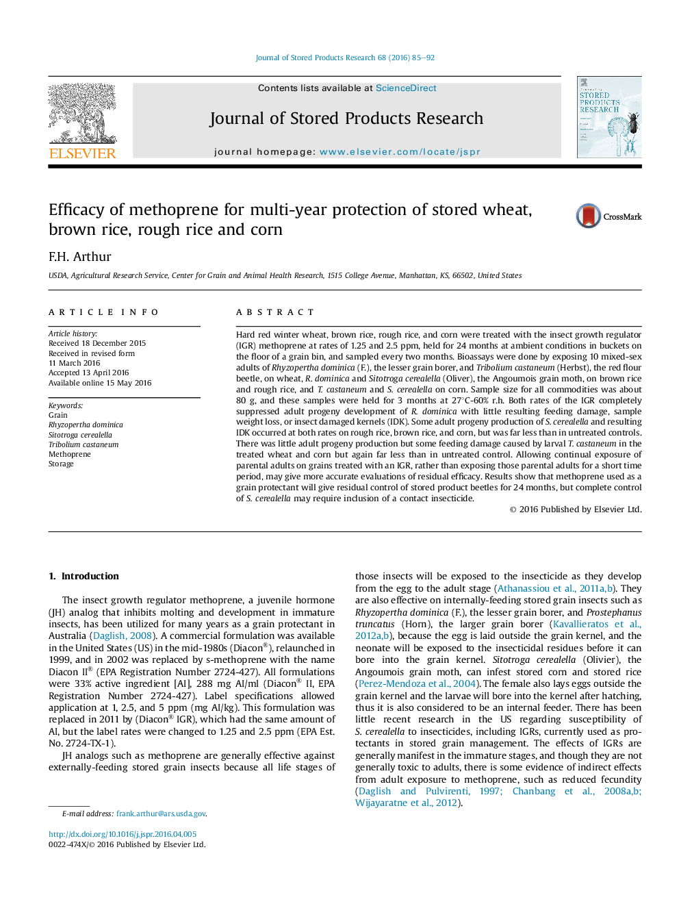 Efficacy of methoprene for multi-year protection of stored wheat, brown rice, rough rice and corn