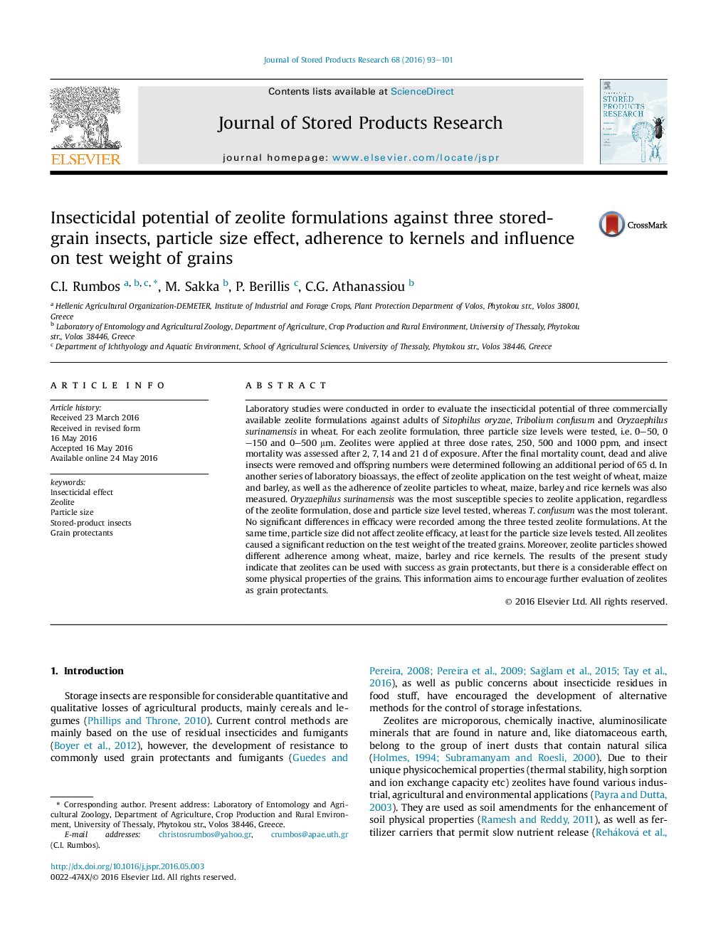 Insecticidal potential of zeolite formulations against three stored-grain insects, particle size effect, adherence to kernels and influence on test weight of grains