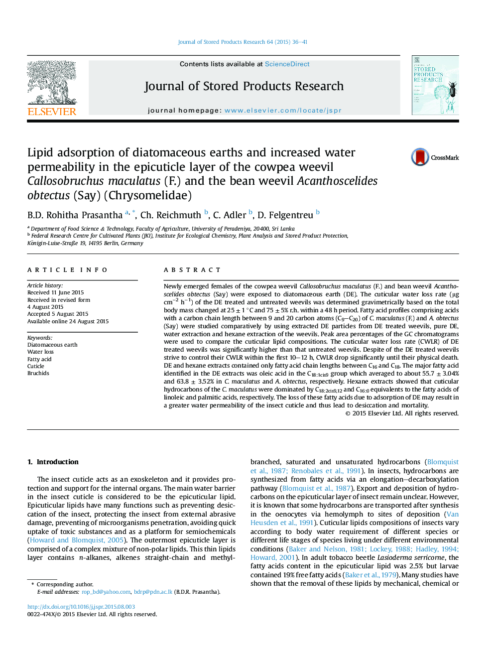 Lipid adsorption of diatomaceous earths and increased water permeability in the epicuticle layer of the cowpea weevil Callosobruchus maculatus (F.) and the bean weevil Acanthoscelides obtectus (Say) (Chrysomelidae)