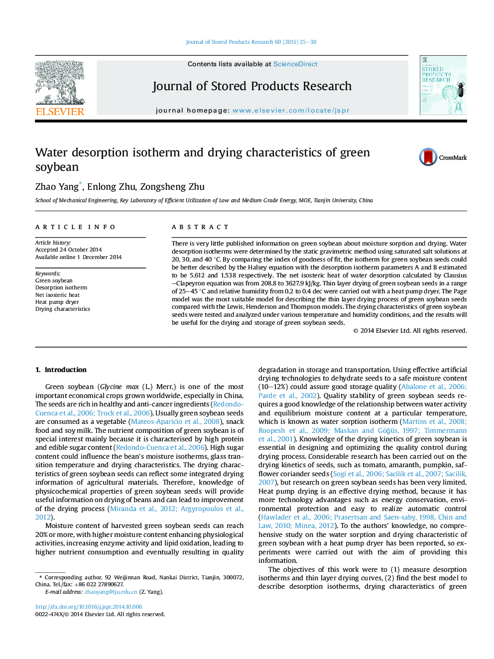 Water desorption isotherm and drying characteristics of green soybean