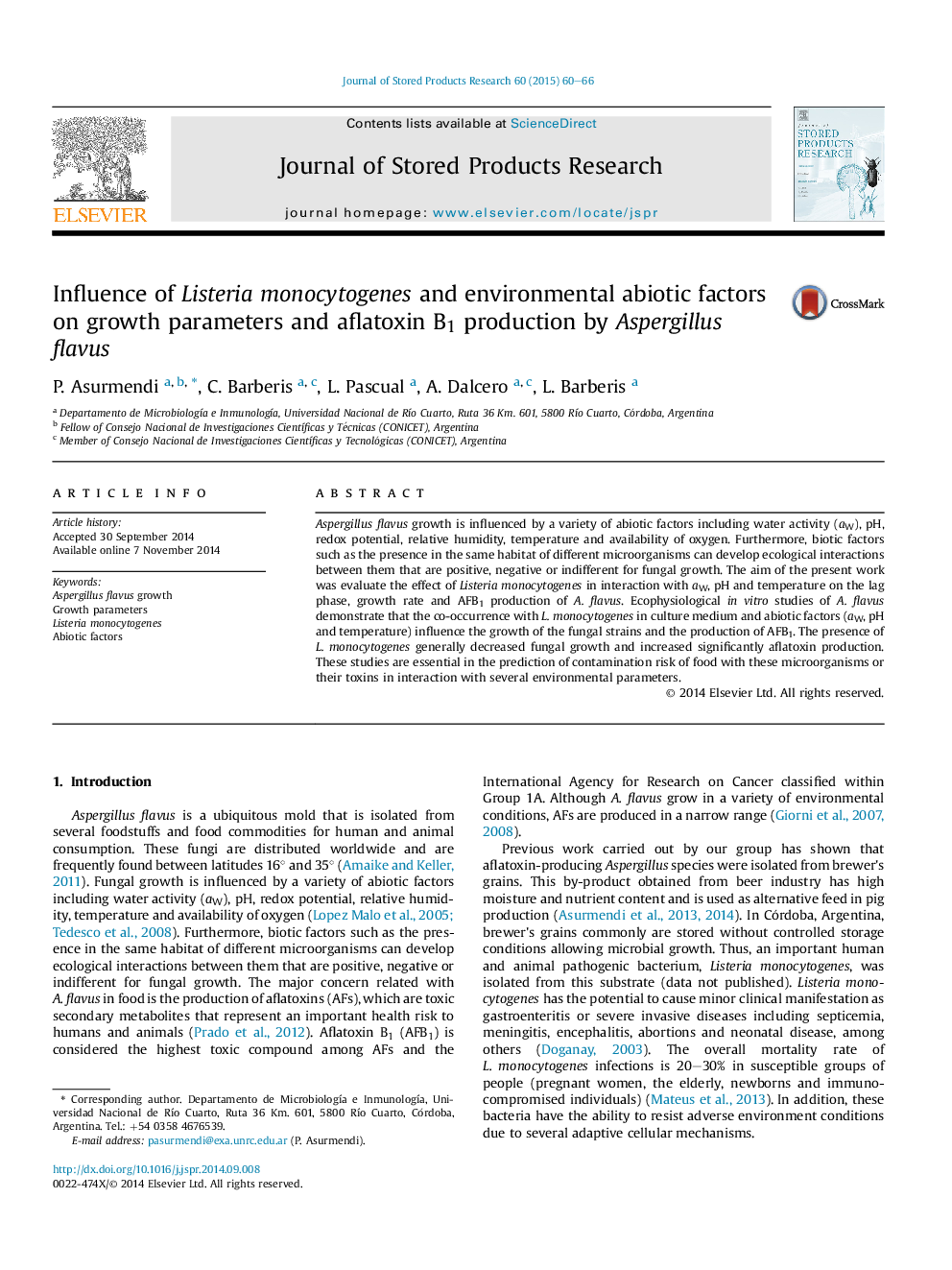 Influence of Listeria monocytogenes and environmental abiotic factors on growth parameters and aflatoxin B1 production by Aspergillus flavus