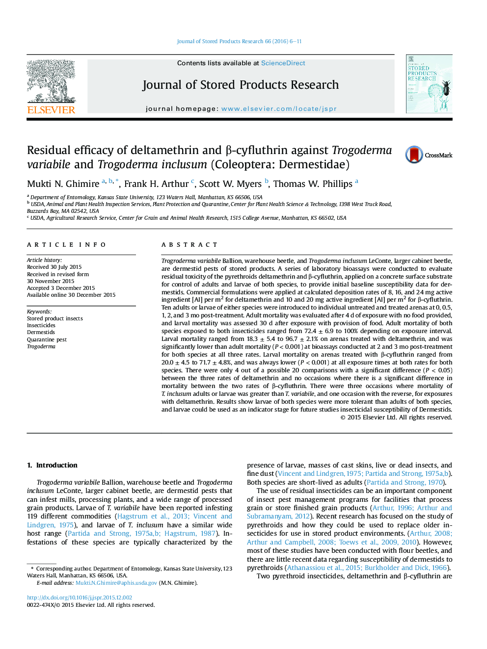 Residual efficacy of deltamethrin and β-cyfluthrin against Trogoderma variabile and Trogoderma inclusum (Coleoptera: Dermestidae)