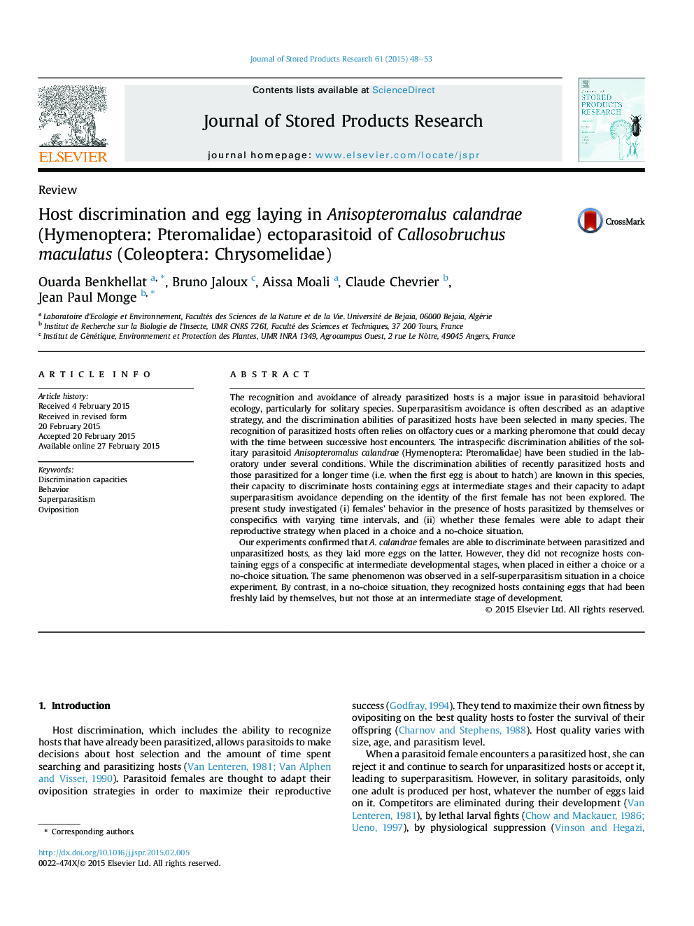 Host discrimination and egg laying in Anisopteromalus calandrae (Hymenoptera: Pteromalidae) ectoparasitoid of Callosobruchus maculatus (Coleoptera: Chrysomelidae)