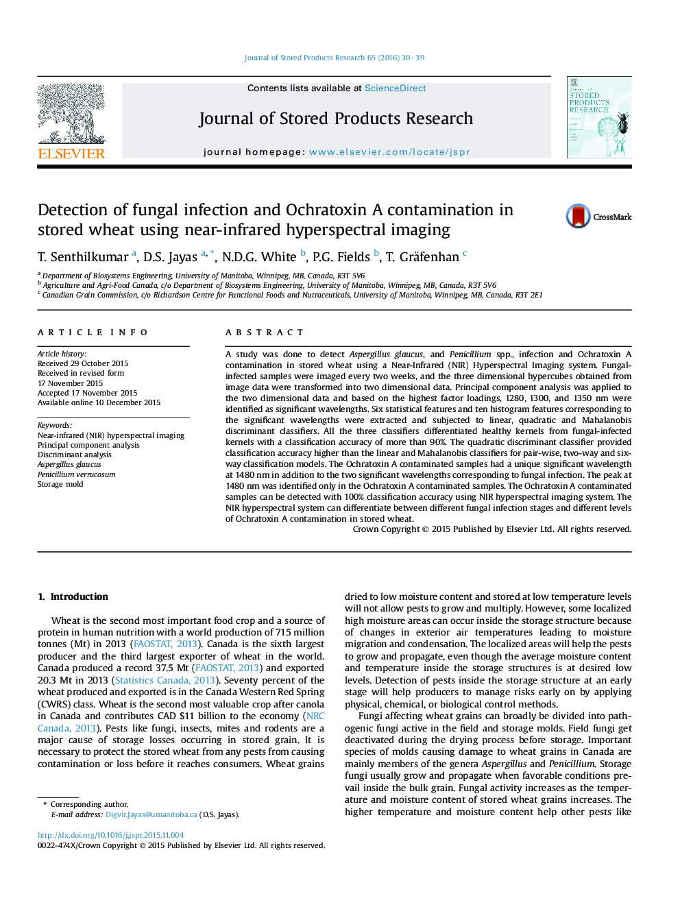 Detection of fungal infection and Ochratoxin A contamination in stored wheat using near-infrared hyperspectral imaging