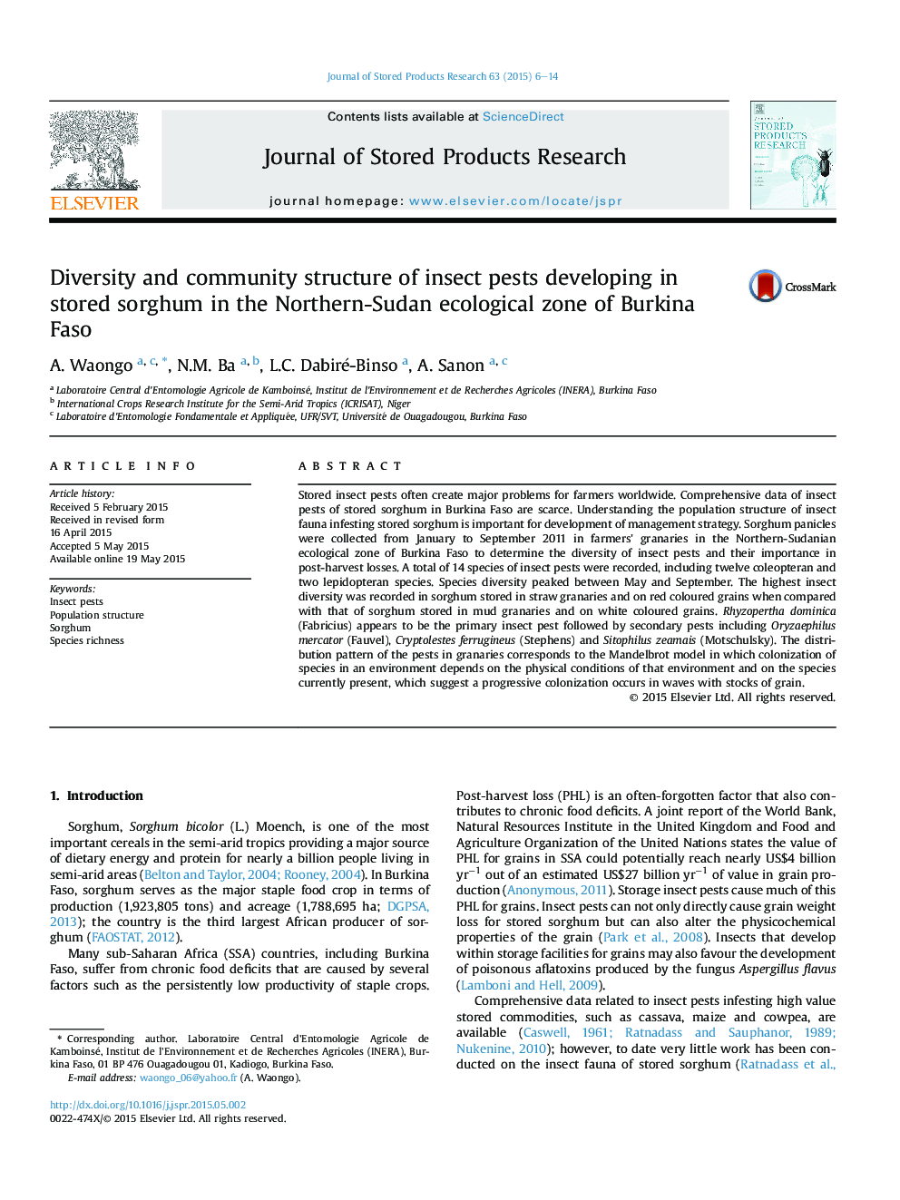 Diversity and community structure of insect pests developing in stored sorghum in the Northern-Sudan ecological zone of Burkina Faso