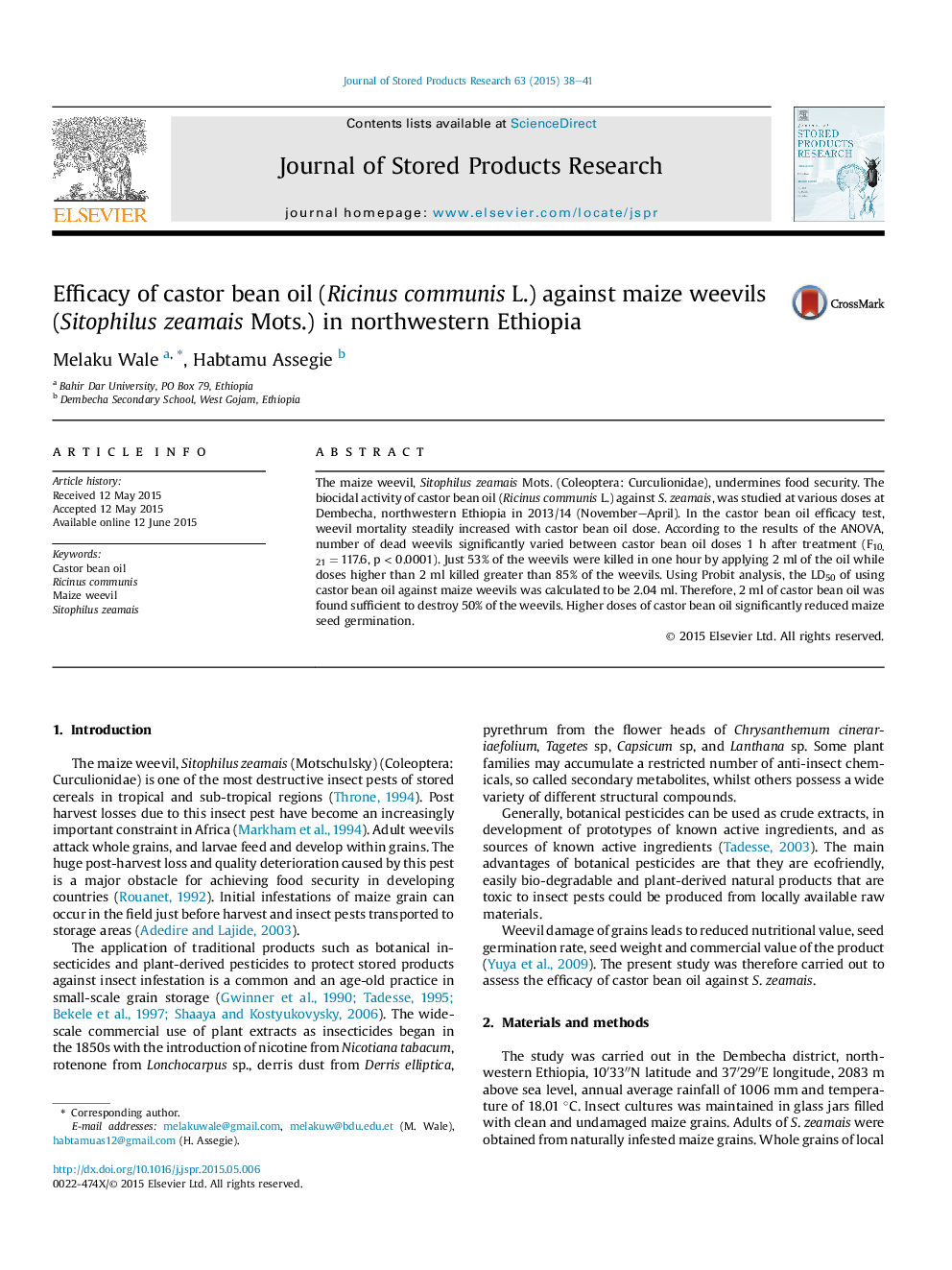 Efficacy of castor bean oil (Ricinus communis L.) against maize weevils (Sitophilus zeamais Mots.) in northwestern Ethiopia