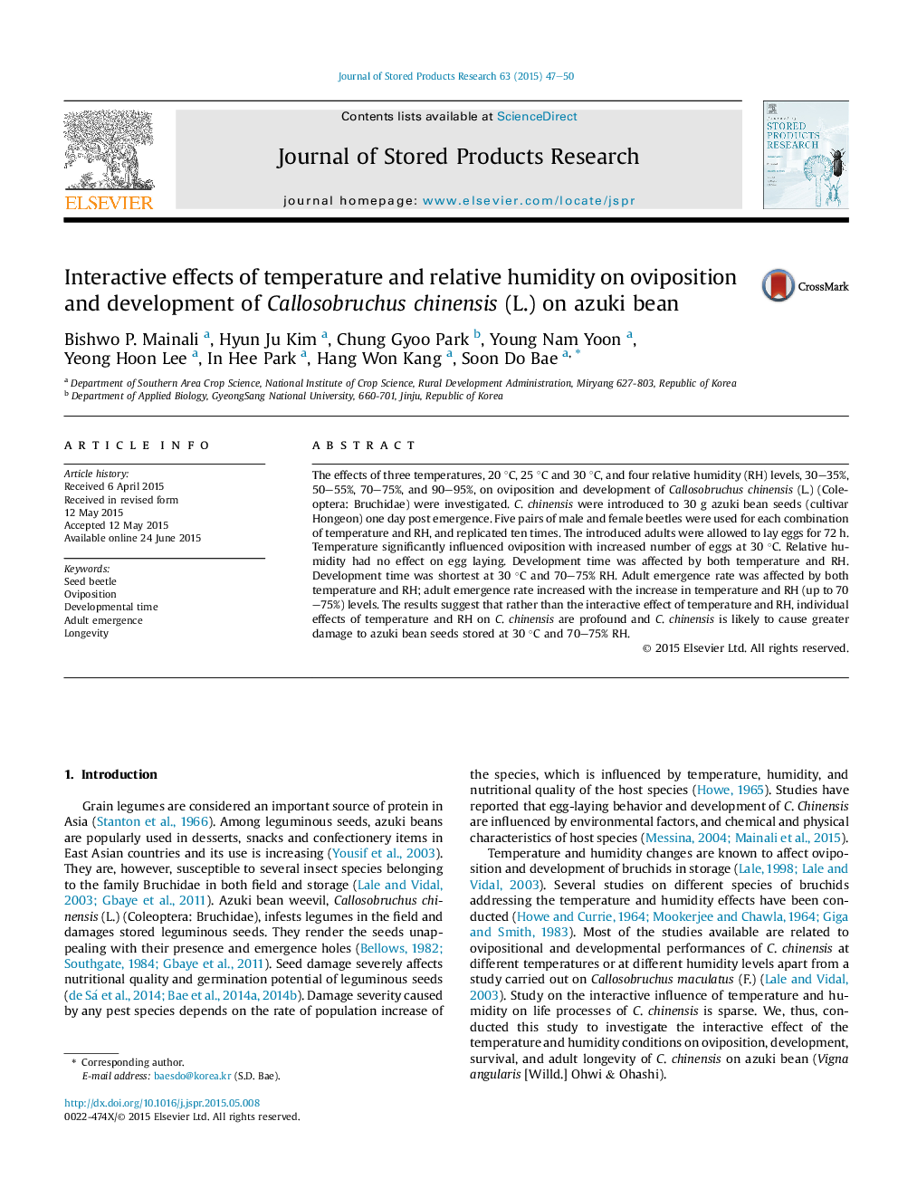 Interactive effects of temperature and relative humidity on oviposition and development of Callosobruchus chinensis (L.) on azuki bean