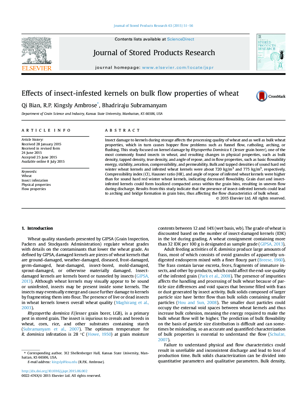 Effects of insect-infested kernels on bulk flow properties of wheat