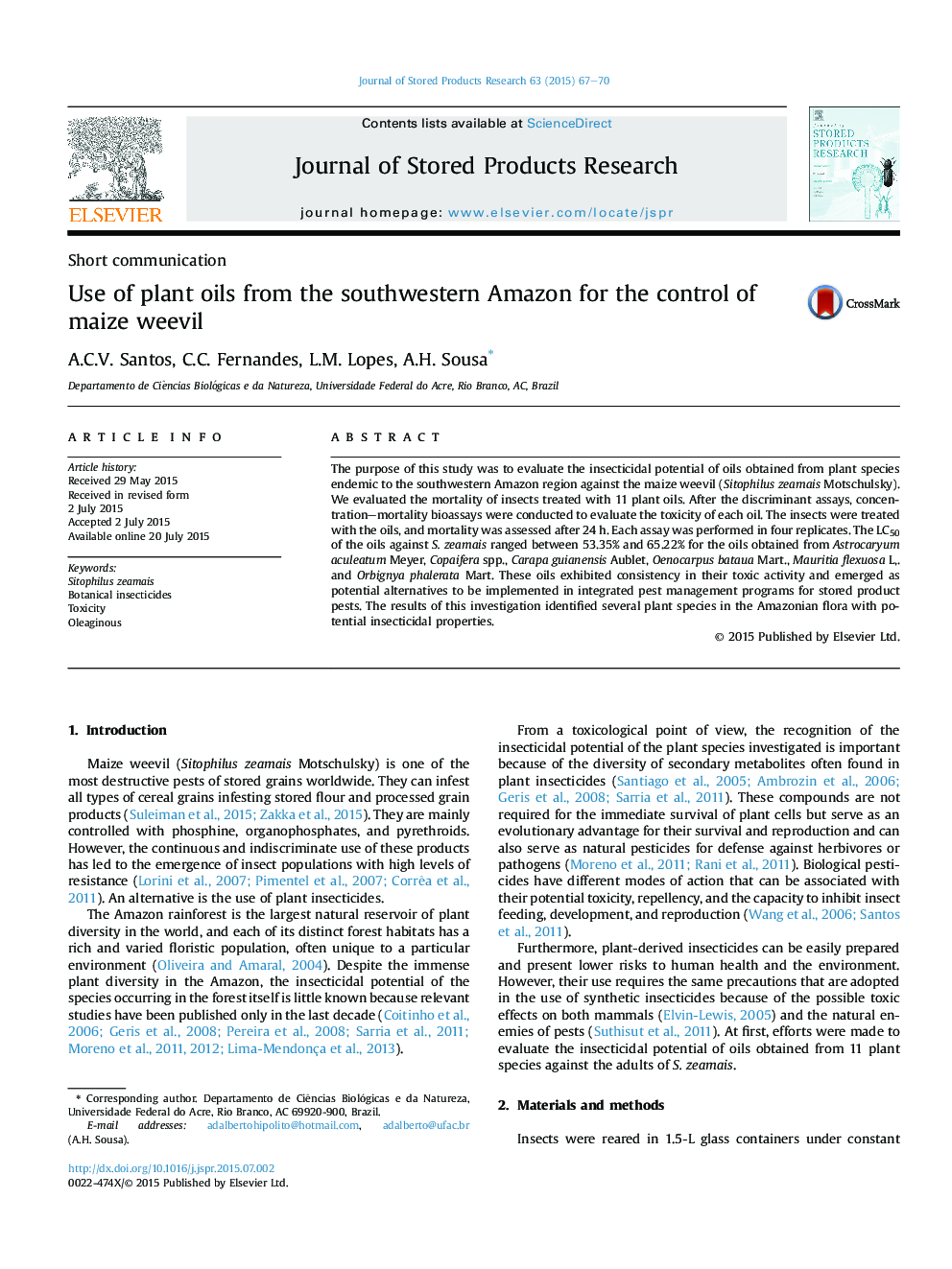 Use of plant oils from the southwestern Amazon for the control of maize weevil