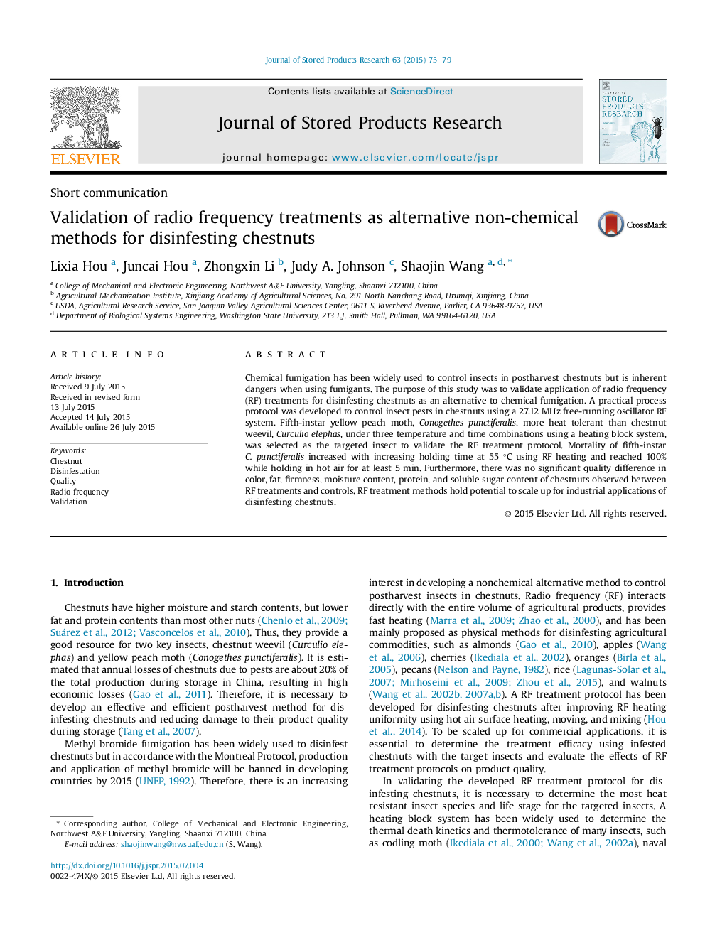 Validation of radio frequency treatments as alternative non-chemical methods for disinfesting chestnuts