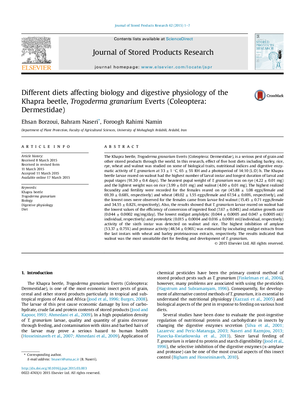 Different diets affecting biology and digestive physiology of the Khapra beetle, Trogoderma granarium Everts (Coleoptera: Dermestidae)