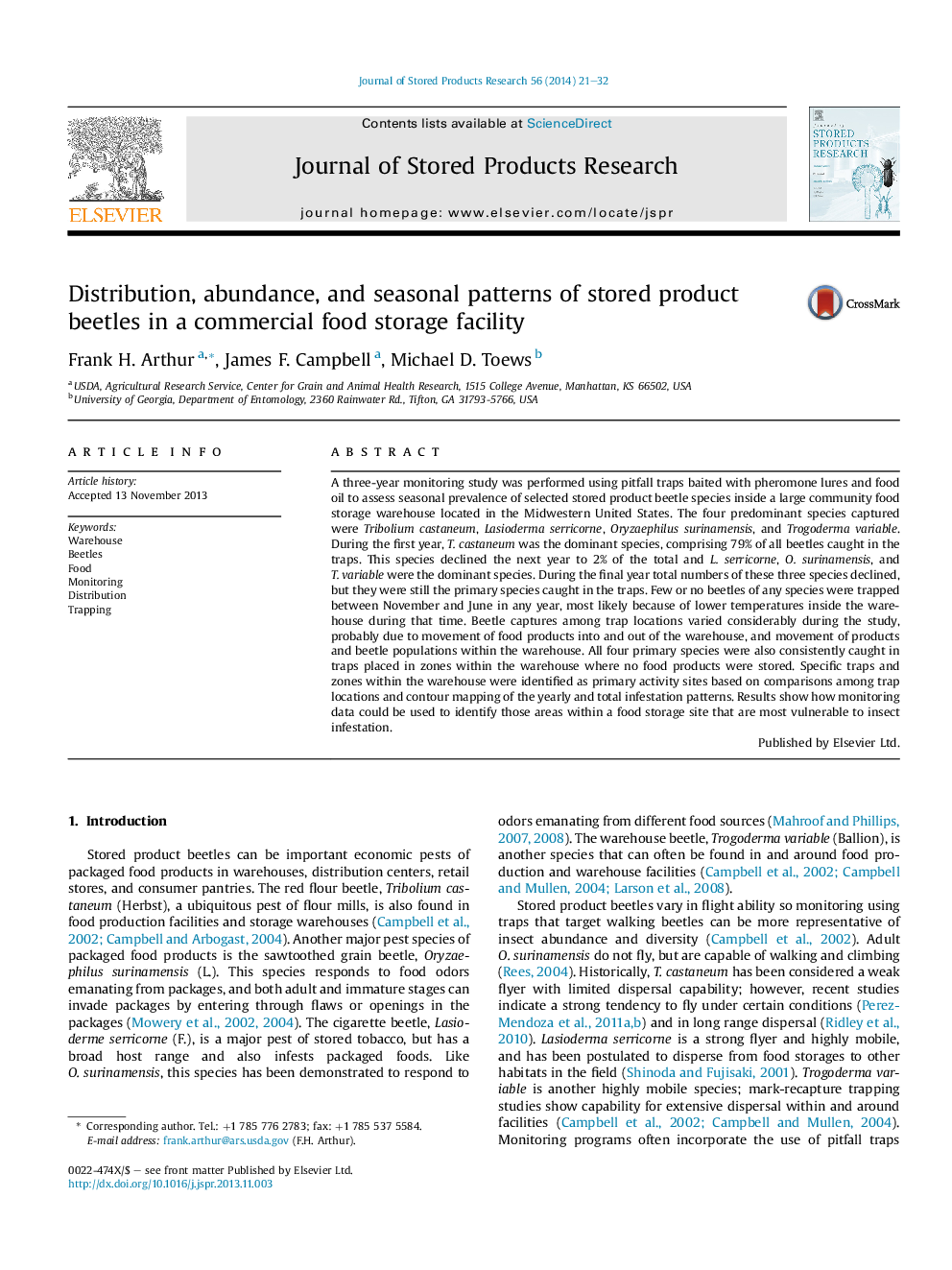 Distribution, abundance, and seasonal patterns of stored product beetles in a commercial food storage facility