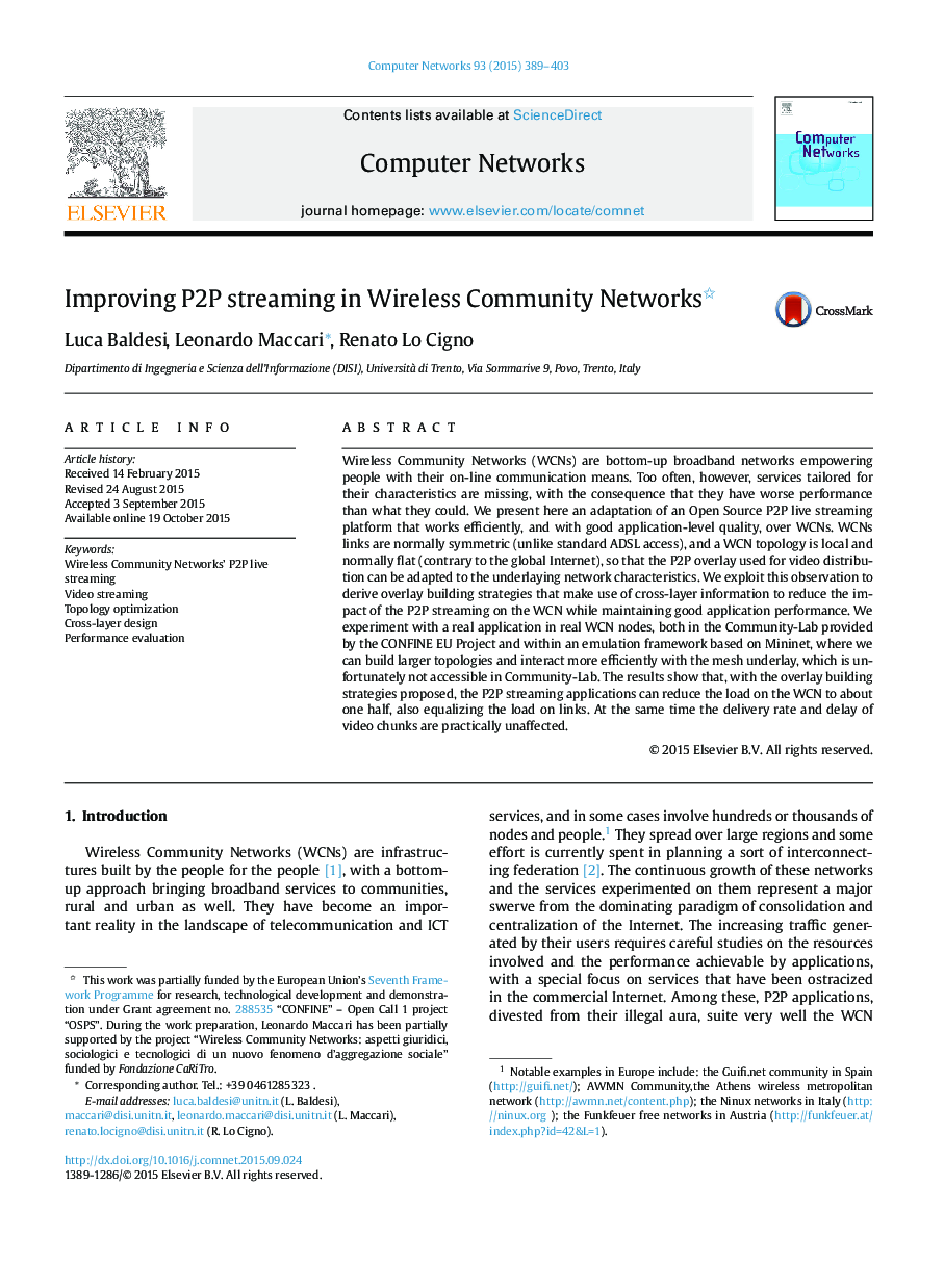 Improving P2P streaming in Wireless Community Networks 