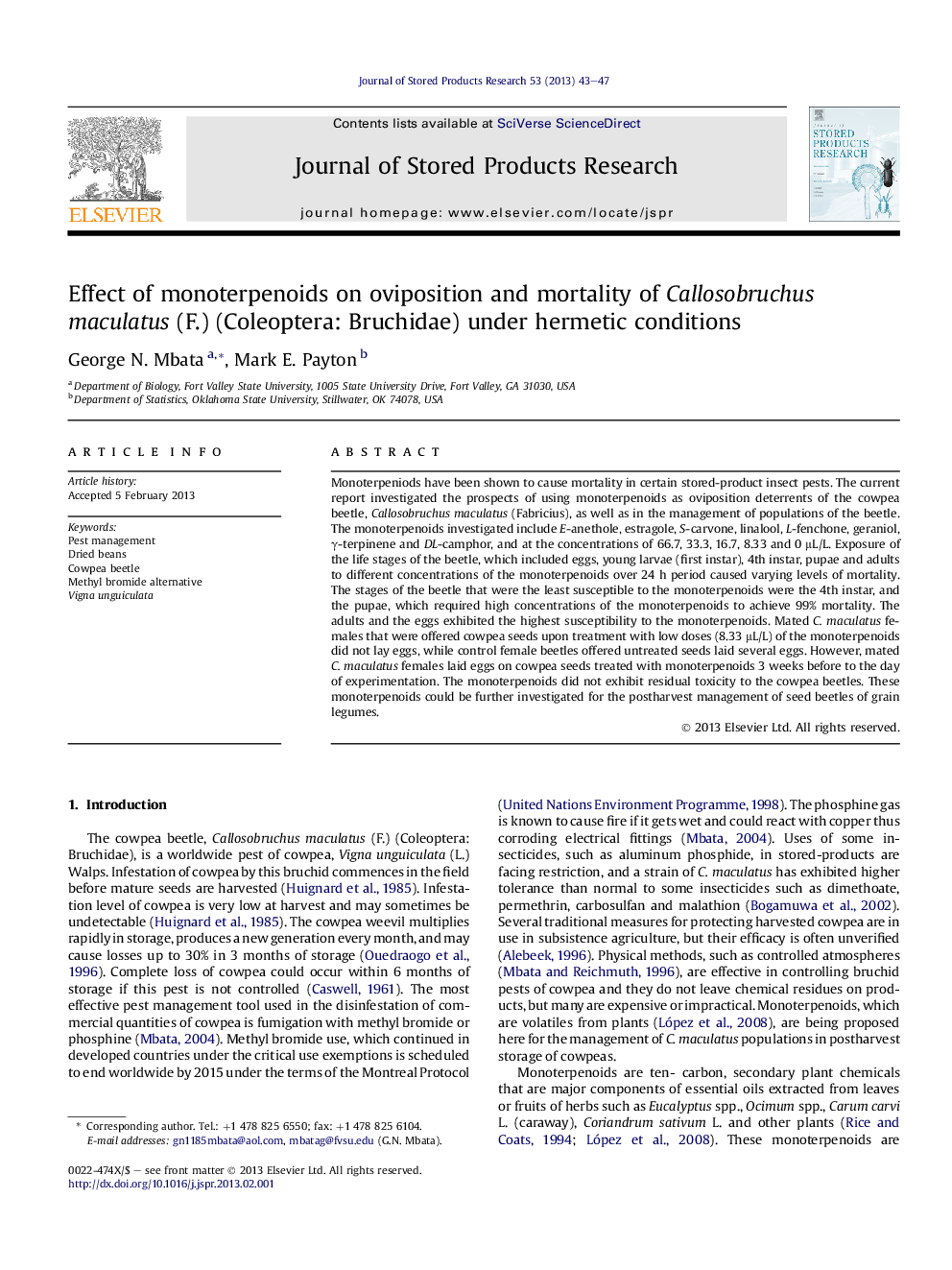 Effect of monoterpenoids on oviposition and mortality of Callosobruchus maculatus (F.) (Coleoptera: Bruchidae) under hermetic conditions