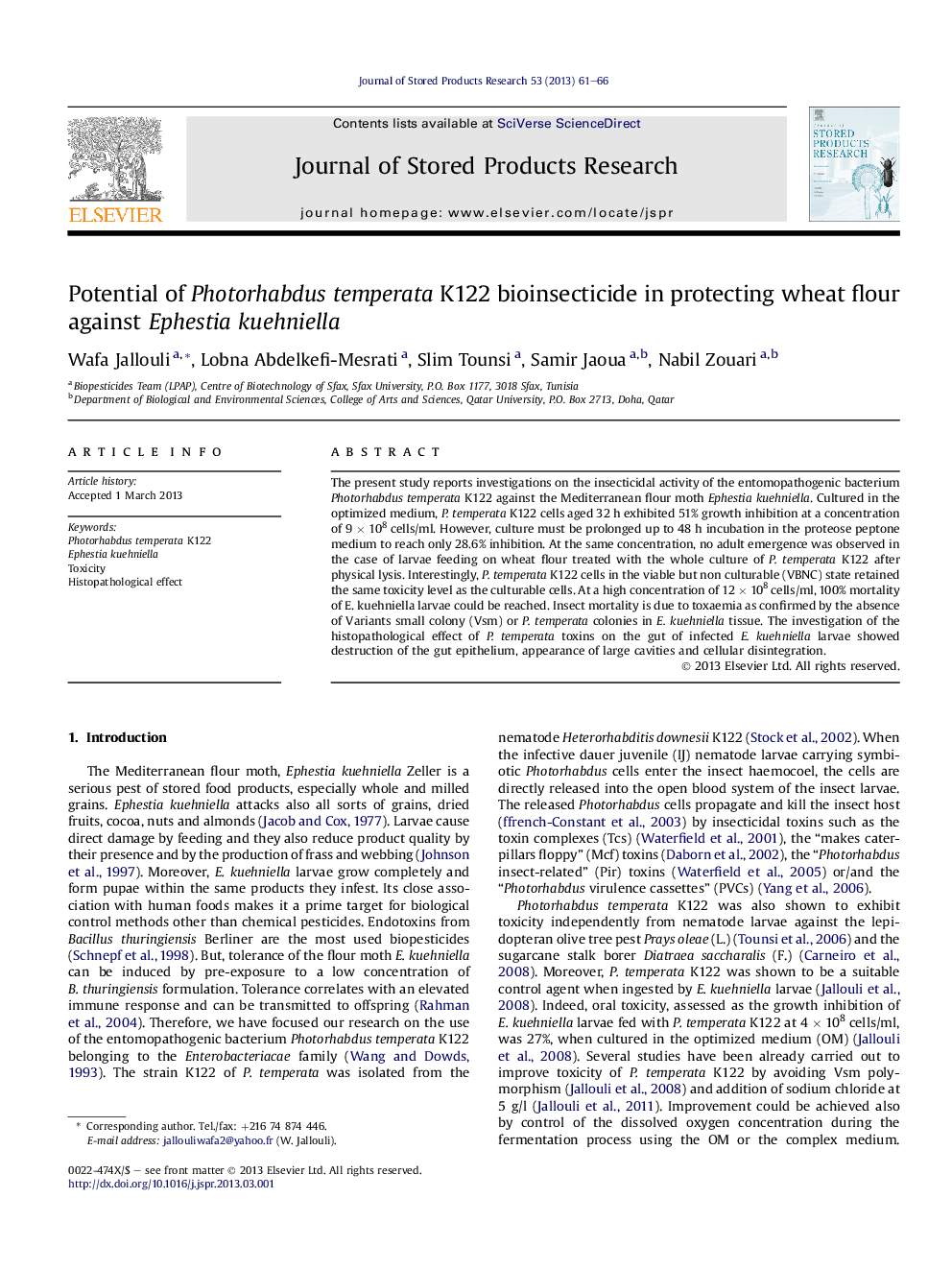 Potential of Photorhabdus temperata K122 bioinsecticide in protecting wheat flour against Ephestia kuehniella