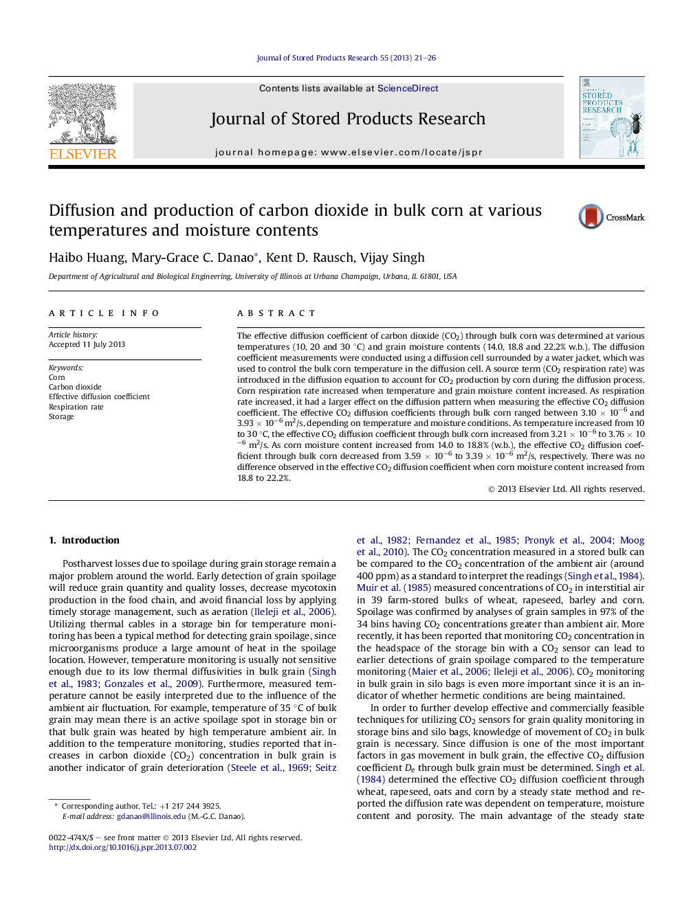 Diffusion and production of carbon dioxide in bulk corn at various temperatures and moisture contents