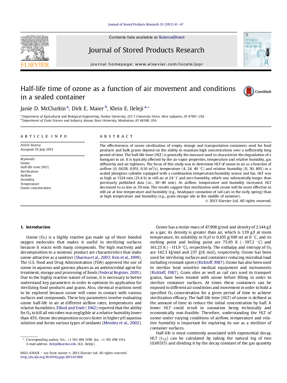 Half-life time of ozone as a function of air movement and conditions in a sealed container