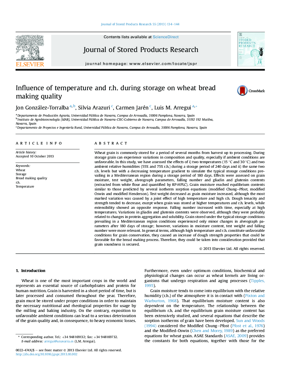 Influence of temperature and r.h. during storage on wheat bread making quality